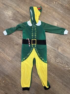 Elf Christmas Costume One Piece Hooded Pajama Kids Size Small Green Yellow